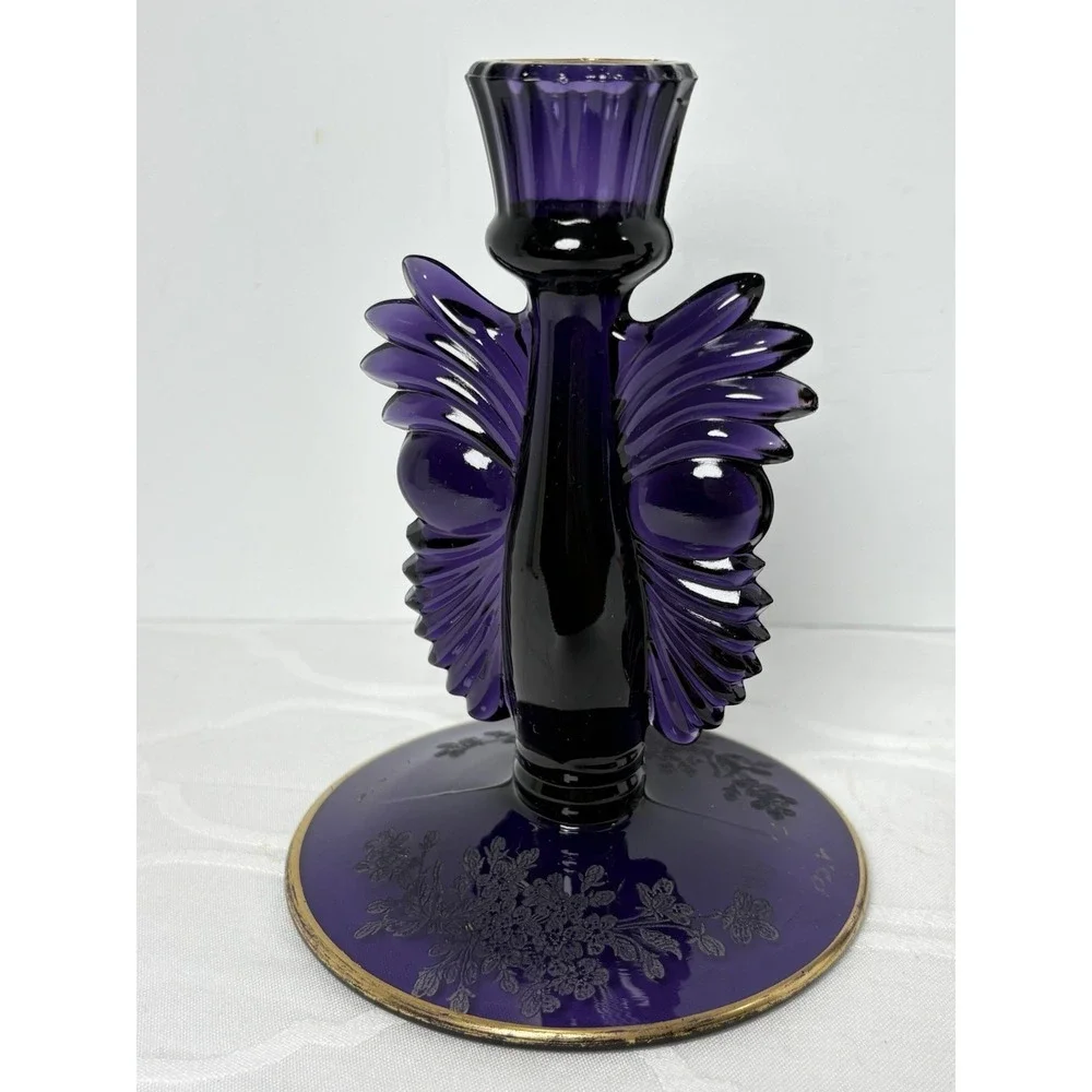 2 VTG Paden City Purple Amethyst Glass Art Deco Candlesticks Maya Ardith Etching